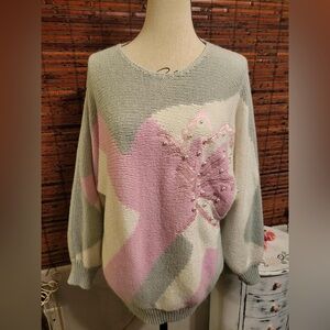 Pastel Pink and Gray Women's Sweater with Leaf Detail